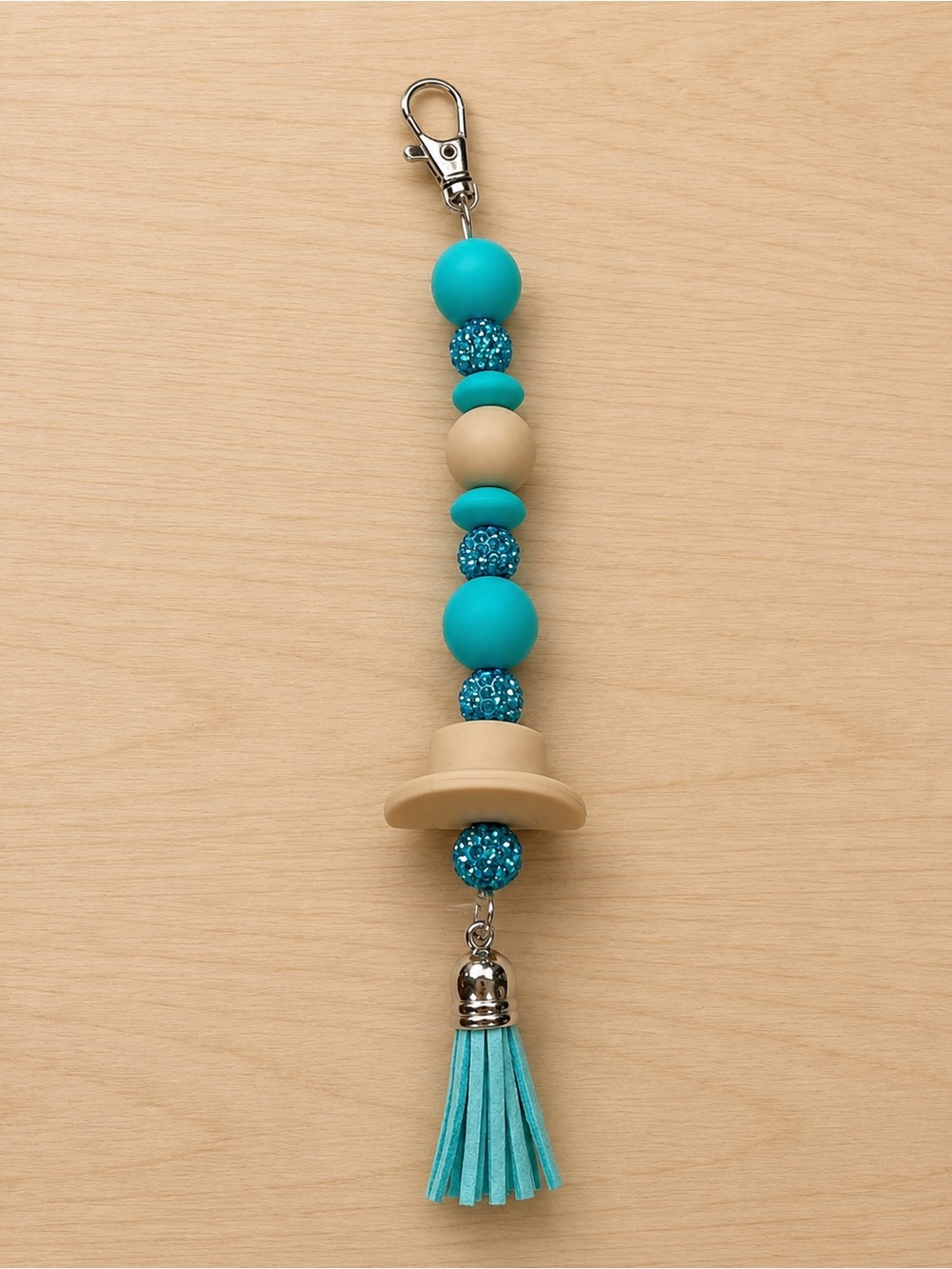 Turquoise and Beige Beaded Tassel Key & Card Holder